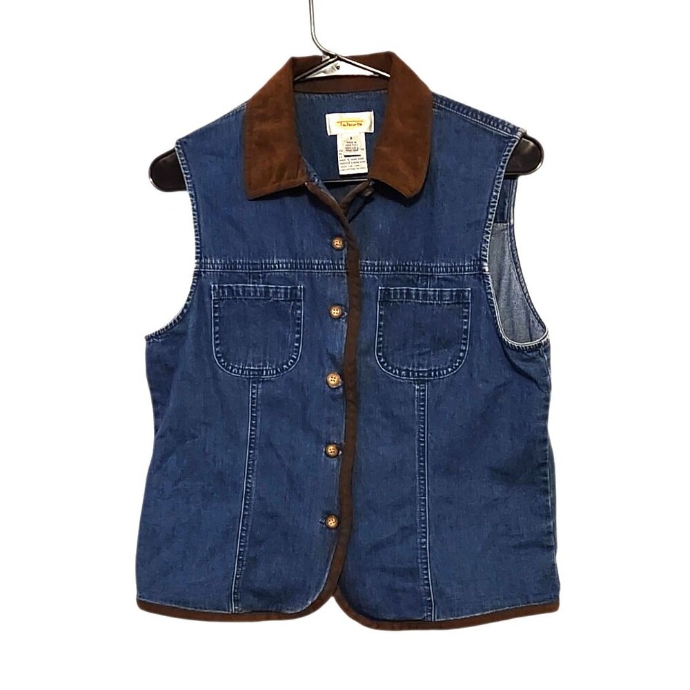 Vintage Talbots Denim Vest Button Front Brown Velvet Trim Womens Size Small